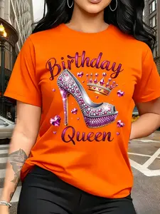 Eye-Catching  100% Cotton Women's Short Sleeve T-Shirt with Sparkly "Birthday Queen" High Heel and Crown Graphic Perfect for Birthday Celebrations Girls' Nights and Festive Occasions
