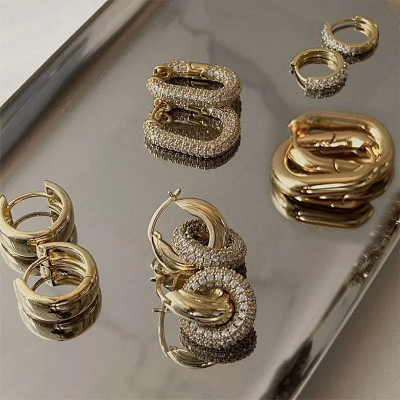 JEWEL-4U - Fashion CZ Zircon Round Huggie Hoop Earrings for Women Geometric U Shape Ear Buckle Hoops Gold Plated Stainless Steel Jewelry