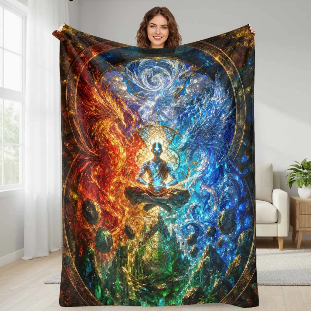 Fantasy Zen Meditation Flannel Blanket Fire And Ice Dragon Stained Glass Pattern Ultra Soft Lightweight Warmth Cozy Texture Perfect For Bedroom Living Room Bed Sofa Travel Gift