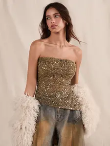 Women's Sequined Crop Top, New Boho Style Sleeveless Strapless Slim Fit Tank, Sexy Inner Wear Backless Vest Nk-0004-603001