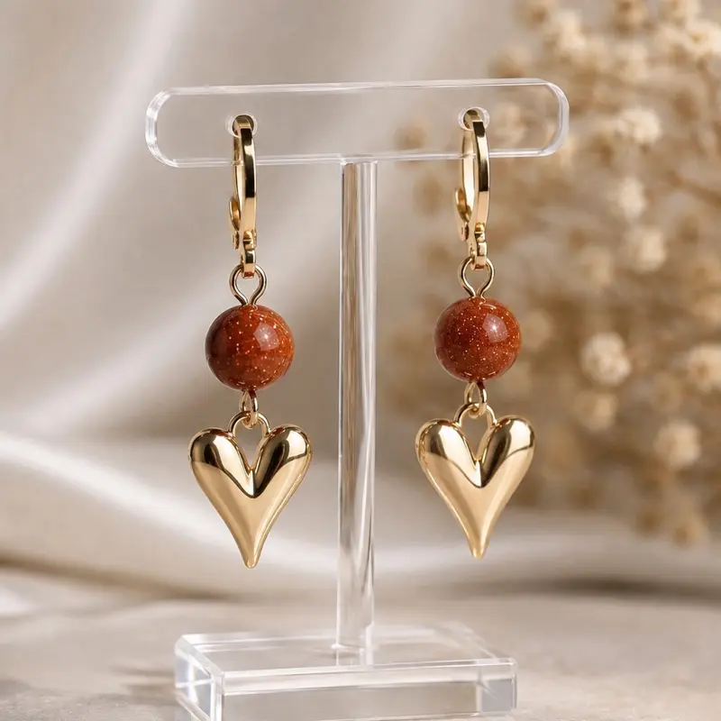 Venturina Earrings with Red Beads and Gold Heart Charms for Women's Fashion Jewelry