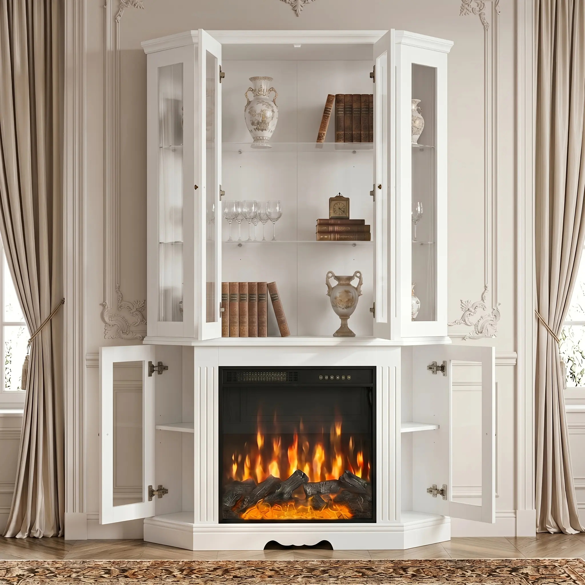 76.9" Tall Modern Glass Display Cabinet with Electric Fireplace, Storage Cabinet with 10 Shelves And Tempered Glass Doors, for Living Room, Bookshelf Storage, Stylish Design, White