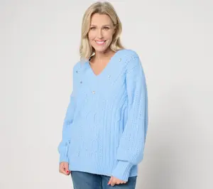 Isaac Mizrahi Live! Apres V-Neck Cable Stitch Sweater with Stones