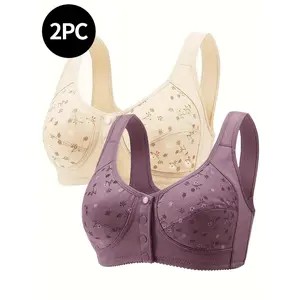2pcs Front Button Wireless Bra, Mature Style, Floral Light And Thick Comfortable Breathable Underwear, Beautiful Back Design