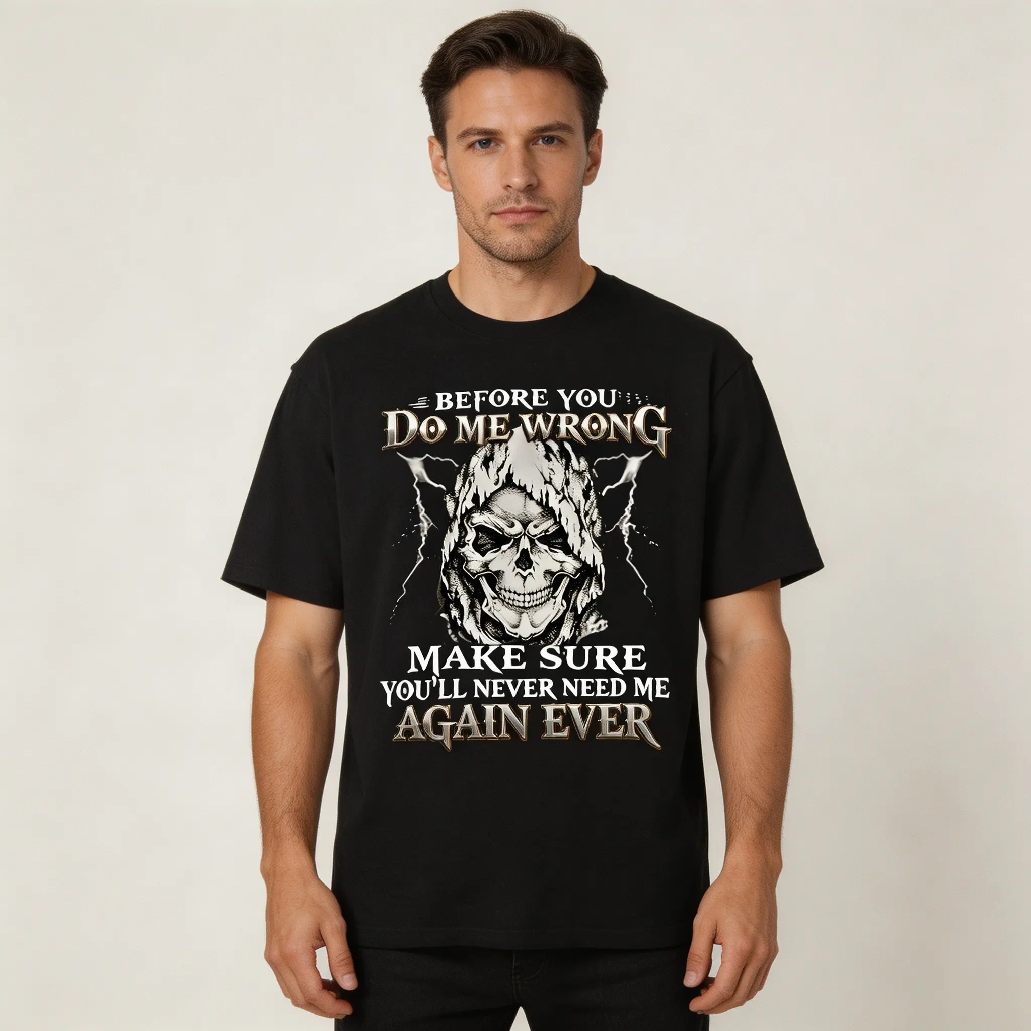 Women's Loose Fit Round Neck Short Sleeve Cotton Fabric T-Shirt - Grim Reaper Skull Lightning Quote Print, Dark Gothic Streetwear Casual Top