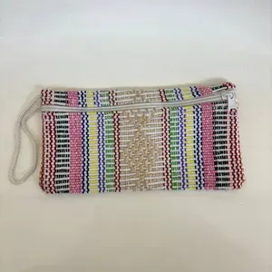 Handmade Mexican Woven Artisanal Pouch with Colorful Stripes & Cord Strap Unique Design No Warranty Large Size for Ample Storage