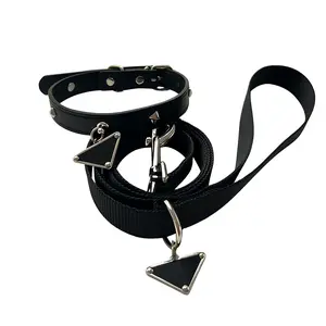 Designer Dog Collar and Leash Set with Triangle Charms and Durable Black Webbing for Stylish Walks