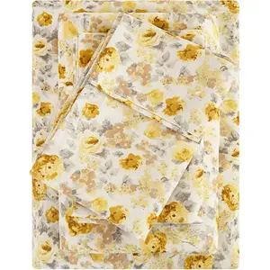 Floral Full Sheet Set 4 Pieces Grey and Yellow Flower Bed Sheet Soft Breathable Brushed Microfiber Bedding Sheets & Pillowcases Wrinkle Free Fitted Sheets with 15" Deep Pocket for Full Size