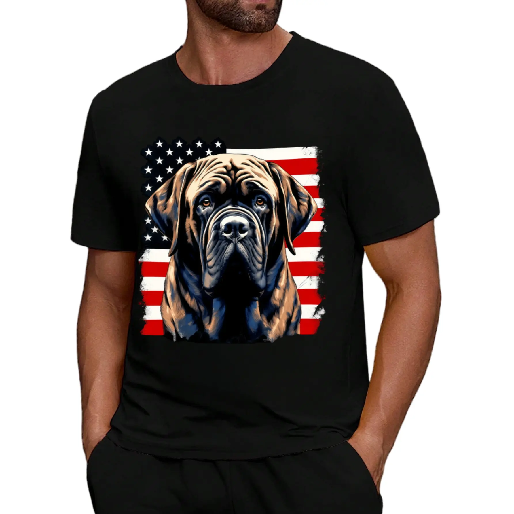 Men's & Women's English Mastiff Dog US Flag T-Shirt - 100% Cotton Casual & Athletic Loose Fit Round Neck Short Sleeve Shirt with Mastiff & Stars Print,  for 4th of July, Casual Attire - Black Dog Lover Apparel
