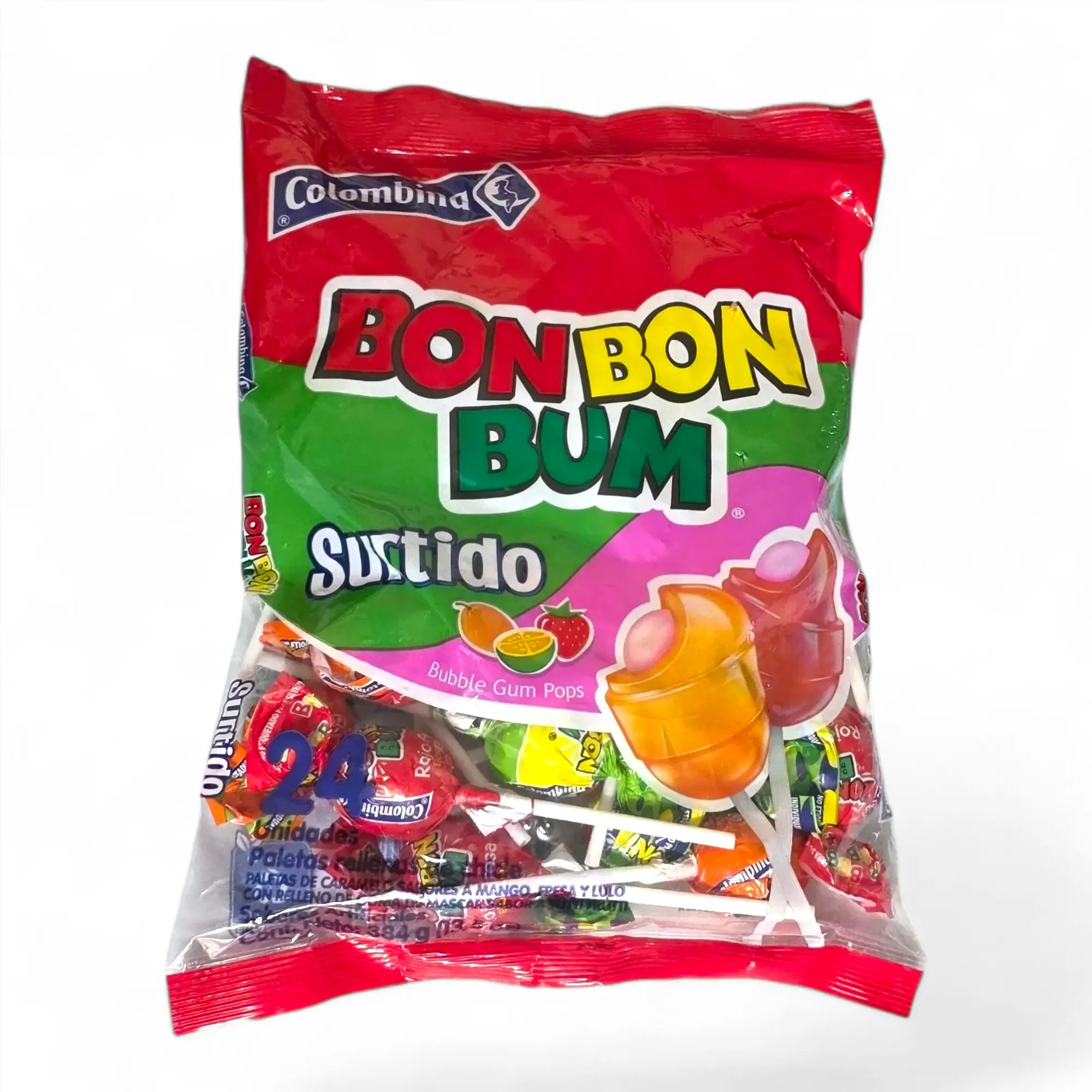 Colombina Bon bon bum Surtido 384g 24Unit Bubble gum Pops - Elegant Packaging for Parties and Gatherings - Snack