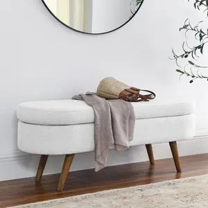 Boucle Storage Ottoman Bench, 43.5" Oval Entryway Bench with Rubber Wood Legs, 250lbs Capacity Footstool for Living Room & Bedroom