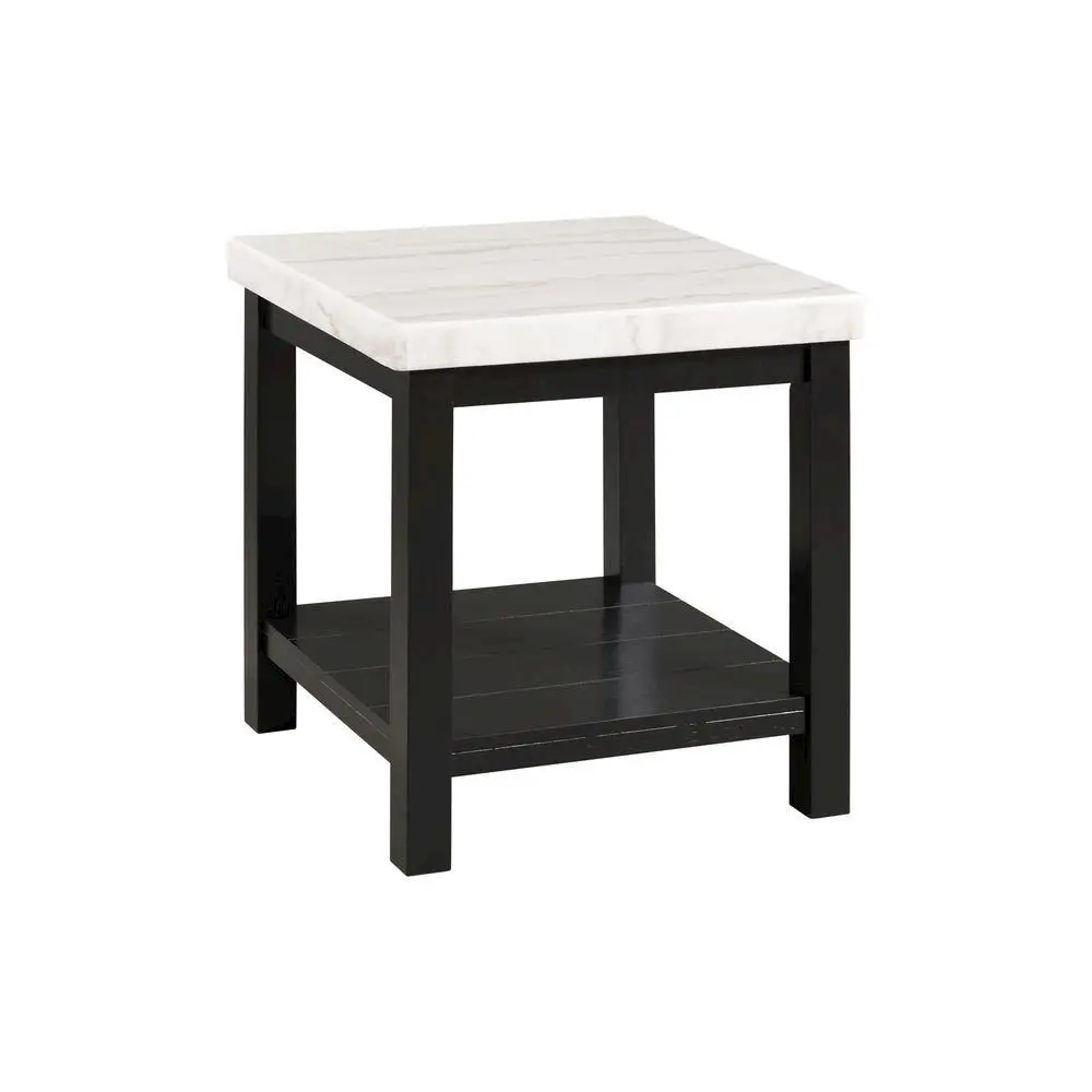 White Marble Square Console Table with Acacia Base for Living Room