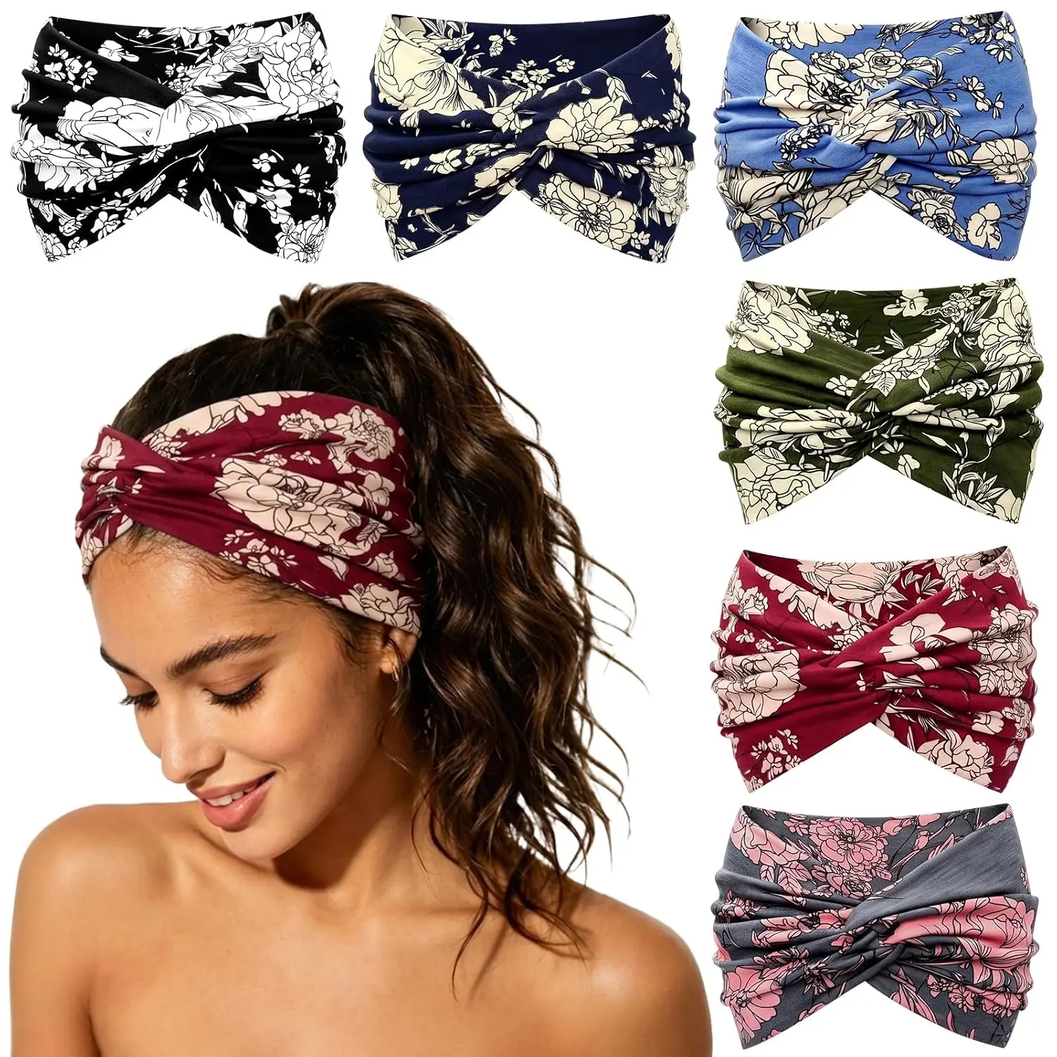 6 Pack Wide Headbands for Women, 7 Inch Floral Printed Turban Headband Boho Twist Knotted Hair Wraps, Soft No Slip Sweat Absorbing Headbands for Yoga Workout Running Sports, Retro Hair Accessories for Daily Wear Styling