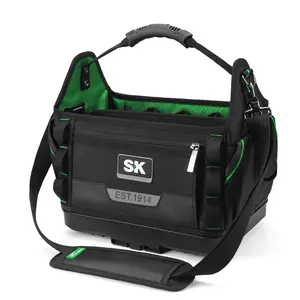 #fathersdaygift SK 15-Inch Open Top Tool Bag, Heavy Duty Tool Tote with 28 Pockets, Tool Bag Organizer with Padded Shoulder Strap and Ergonomic Handle, 1680D Fabric with Waterproof Hard Base