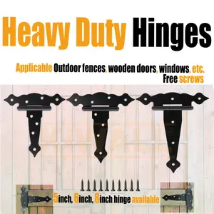 2pcs KiWALL Heavy Duty T-Shaped Door Hinges in Classic Black - Versatile 5", 6", 8" Sizes with Free Screws, Powder-Coated Metal for Outdoor Fences, Windows, Sheds & Doors