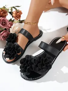 Women's Fashion Sandals with Realistic Flower Decoration, Classic One-Strap Slip-On, Casual PU Leather, Perfect for Beach Vacation