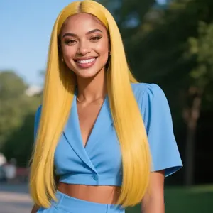 Yellow Silk Straight Lace Front Wigs for Women Long Straight Synthetic Hair Wigs Heat Resistant Fiber Wig 28 Inches 13x4 HD Lace Closure Wigs with Baby Hair for Cosplay Party Mother's Day Holiday Christmas New Year Valentine's Day Use