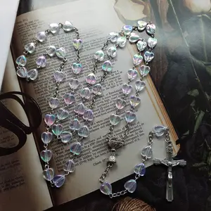The Rosaries Acrylic Transparent Heart Catholic Crucifix Pendant Long Cross Necklace Religious Prayer Jewelry