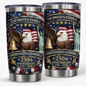 ShinyKT Personalized 250 Anniversary USA Tumbler - Happy Independence Day 20oz Stainless Steel - July 4th Tumbler Gift - Custom Family Name Patriotic Tumbler