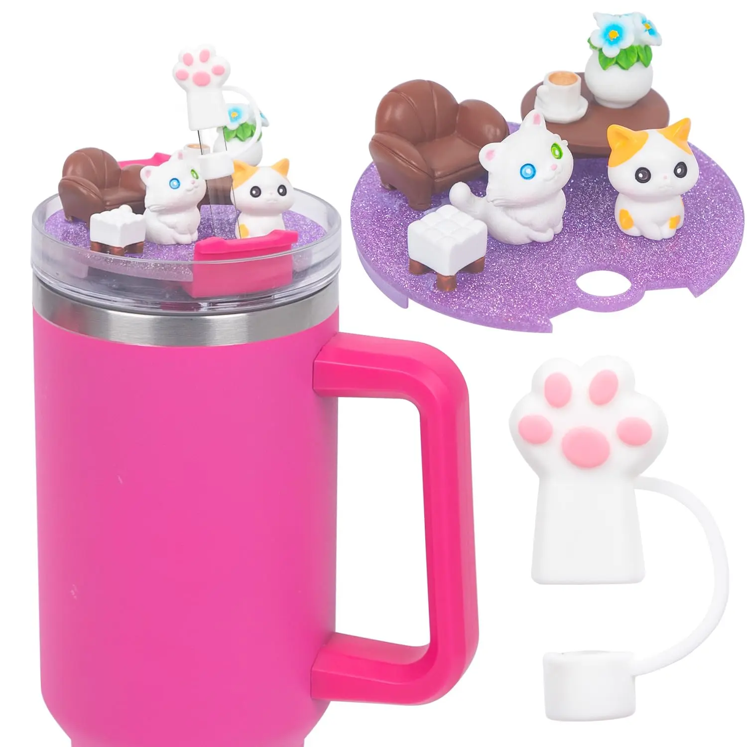 Cute Cat Design Drinking Accessories for Stanley Cup, 1 Count Silicone Straw Cover Cap & 1 Count Cute Cat Design Cup Charm, Drinkware Accessories, Tumbler, Drink Protector, Drinking Gadgets, Durable Silicone Cover