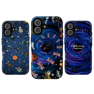Coraline Inspired Phone Case, Creepy-Cute Button Eyes & Black Cat, Blue Night Sky Spooky Aesthetic, Tough Shockproof Protective Cover, Gift, Compatible with iPhone 11-17 Pro Max/Plus and Samsung Galaxy S21-S25