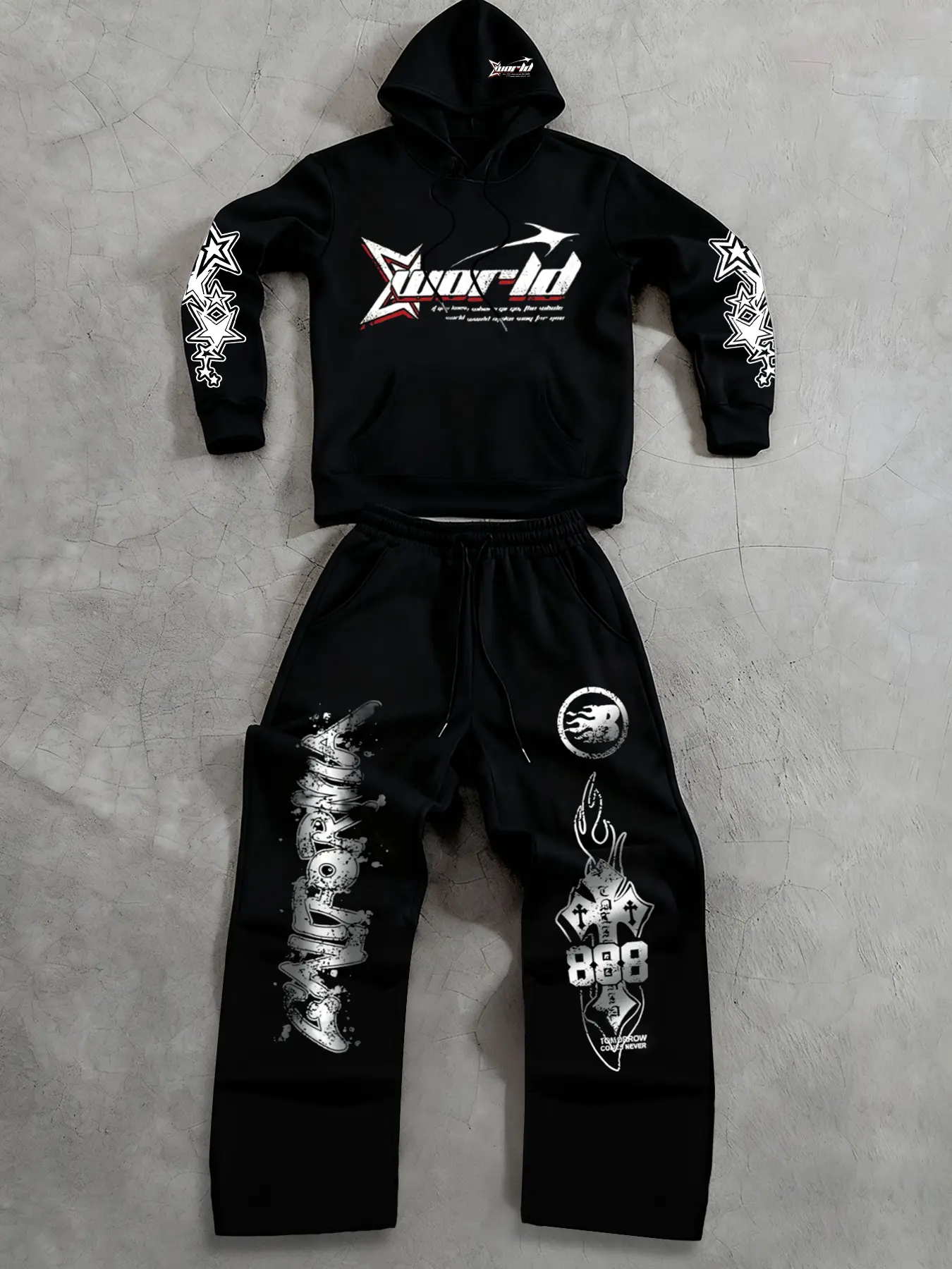 Men's Star Pattern Letter Print Hooded Sportswear Set, Sweatsuit Set, Comfortable Drawstring Pants, Casual Loose Fit, Fall & Winter Wear