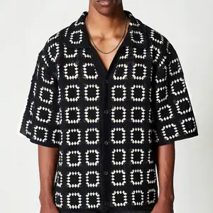 Grandclad Men's Retro Geometric Print Cuban Collar Short-Sleeved Cardigan Breathable Mesh Beach Party Top