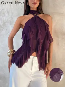 Women's Halter Top Metal Buckle Backless Sleeveless Lace Vest, Sexy High Neck Mesh Blouse for Women, Fashionable Summer Wear