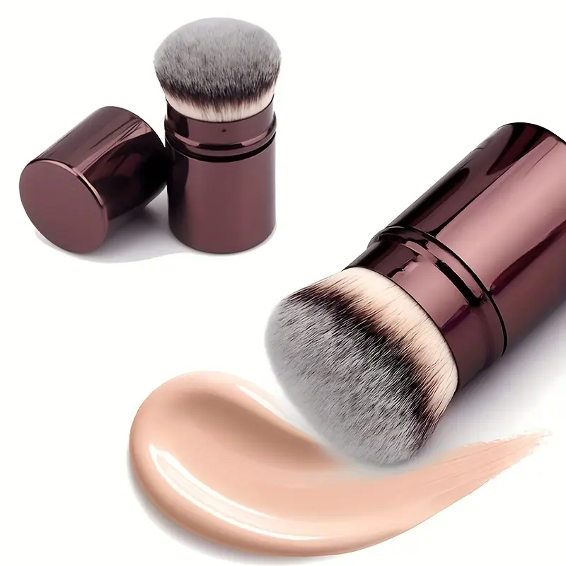 Professional Round Head Retractable Kabuki Foundation Brush, Ultra-Soft Synthetic Hair, for Liquid Cosmetics, Home & Travel Use
