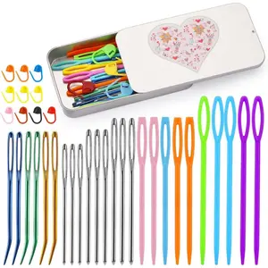 36pcs Large Eye Sewing Needles, Plastic Yarn Needles Set Blunt Needles, Bent Tapestry Needles with Colorful Plastic Knitting Stitch Markers for Knitting Crochet Sewing