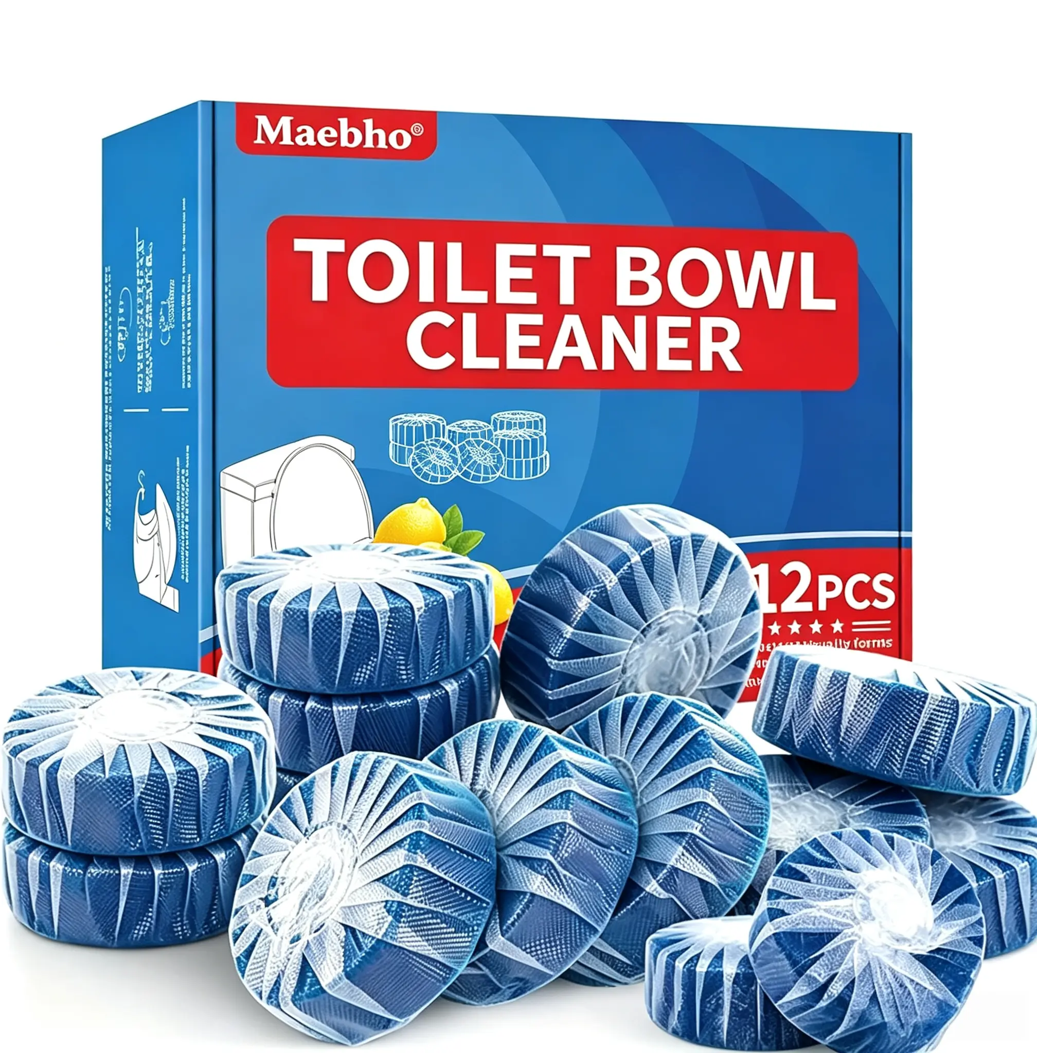 Maebho Toilet Bowl Cleaners, Automatic Toilet Tank Cleaner Tablets, Blue Toilet Bowl Cleaner Tablets for Deodorizing & Descaling, Powerful Cleaning, Slow-Release Against Tough Stains 12 Pack