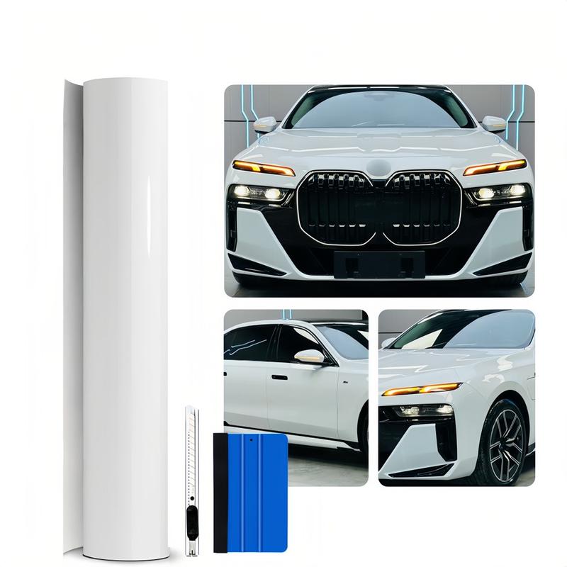 FONESO Super Glossy Car Body Sticker with Cutter and Hand Tool Kit, 60 x 8 inch Car Vinyl Film Wrap Protector Sticker, 5 FT x 1 FT Self-Adhesive Air Bubble Free Easy to Install, Universal For All Cars SUVs Sedan Coupe Truck Pickup Bike Motorcycle - White