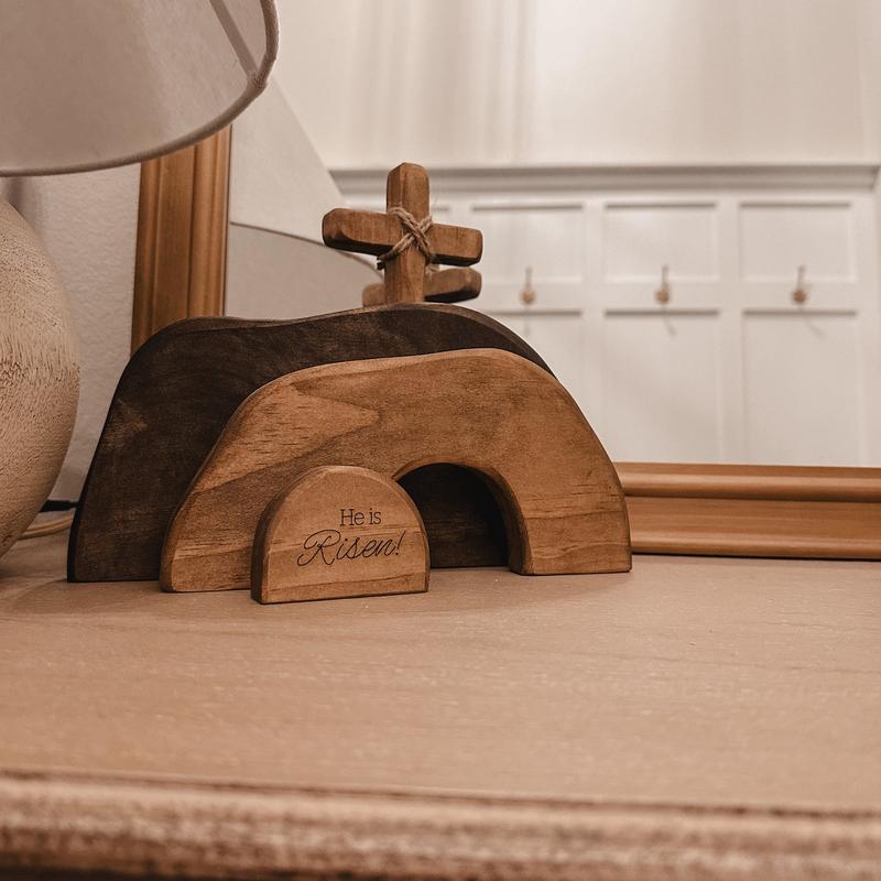 Empty Tomb Display Easter Decor, Christian Resurrection Scene Creche Decoration, He Is Risen Jesus Tomb Ornament for Farmhouse, Tiered Tray and Fireplace