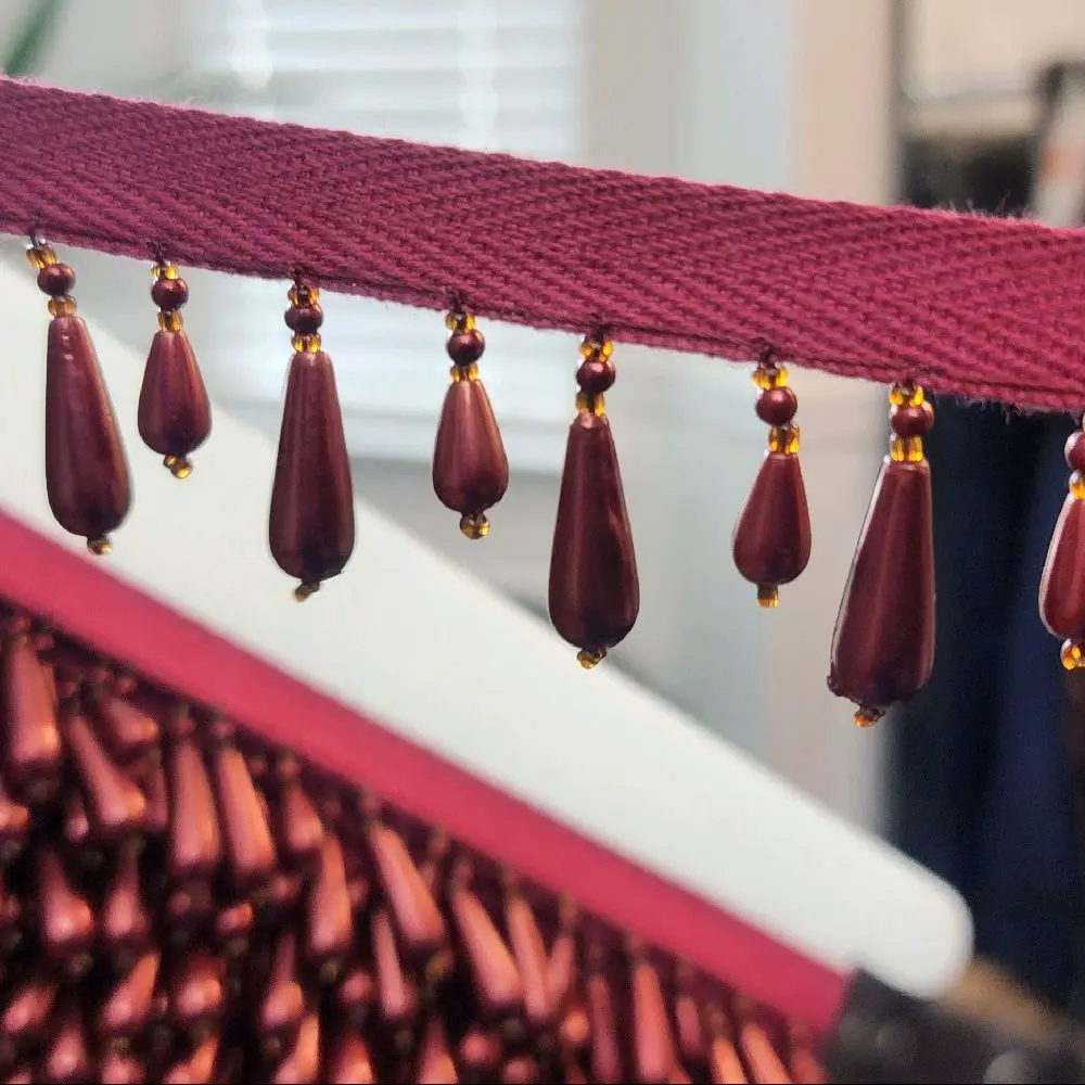 Burgundy Beaded Fringe Trim with Teardrop Beads and Gold Accents by the yard