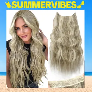 AISI HAIR Invisible Wire Hair Extensions with Transparent Headband, Adjustable Size 4, Secure Clips, Long Wavy Hairpiece for Women Curly Honey Blonde