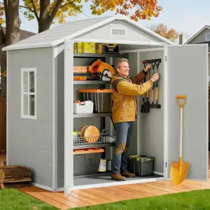【2 Packages Shipping】Gizoon 6x4.4 FT Resin Storage Shed Outdoor, Resin Shed with Floor, Garden Shed Weather Resistant Plastic Tool Shed with Lockable Door for Backyard, Garden, Patio, Lawn