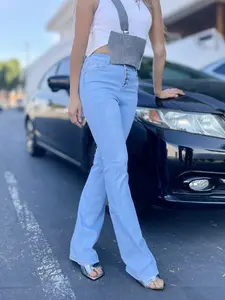 SimplYoung High Rise Flare Jeans for Women, 5 Buttons, Light Blue - Women's Bottoms - Womenswear