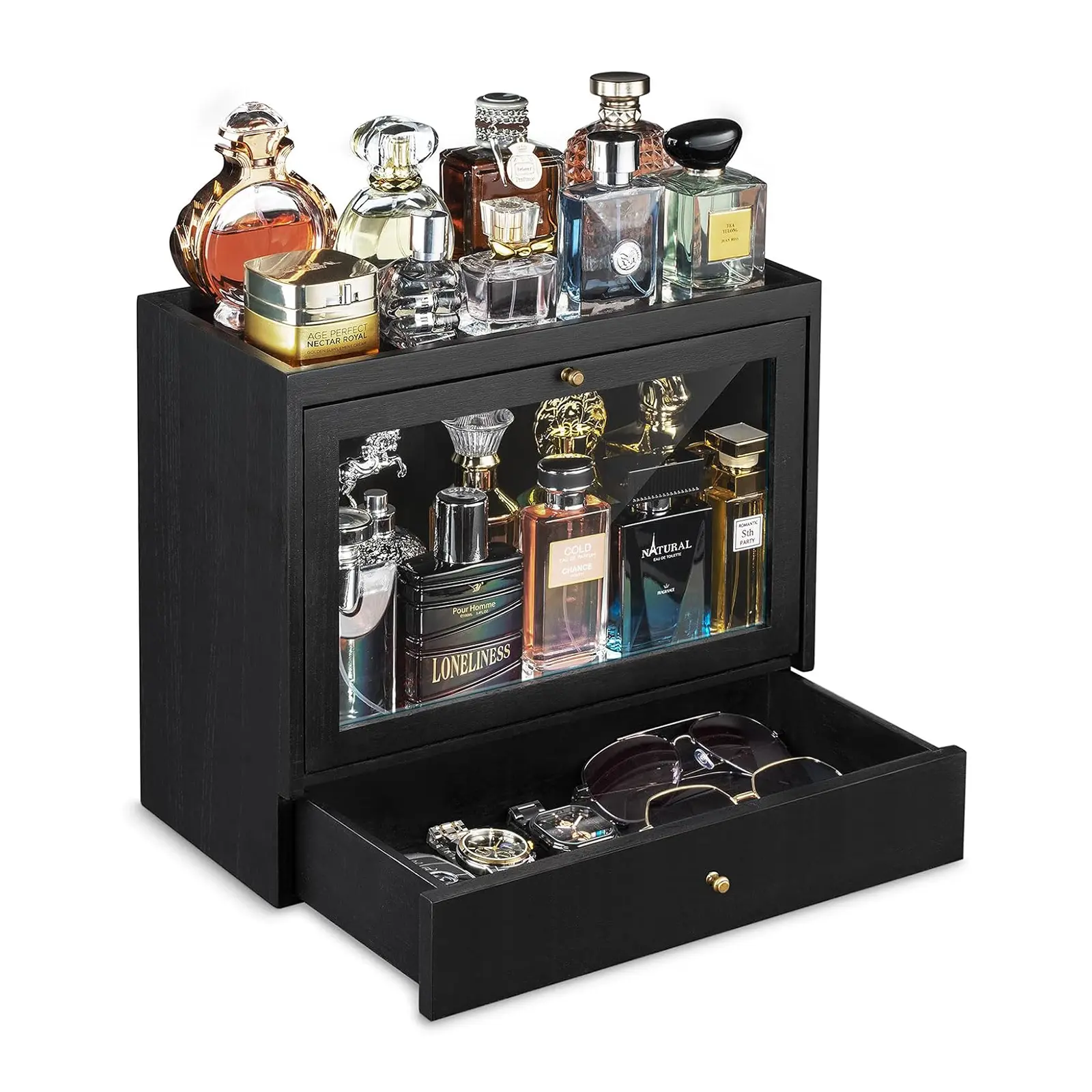 Wooden Cologne Organizer for Men, 3-Tier Fragrance Display Stand with Clear Acrylic Panel and Storage Drawer, Space-Saving Perfume Organizer for Dresser and Vanity