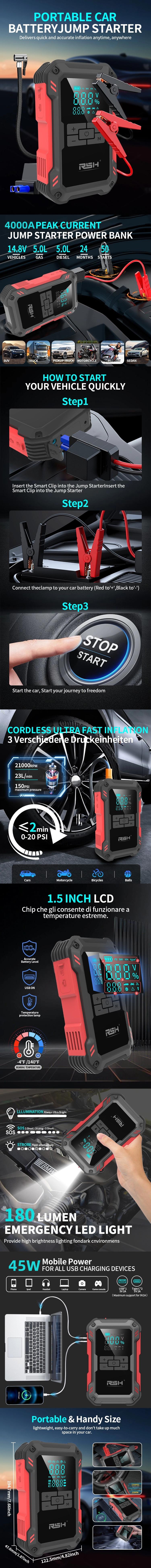 Arrancador de batería ultraseguro de 15000 mAh para todo tipo de vehículos de 12 V con compresor de aire de 150 PSI, carga rápida de 18 W, medidor de presión de neumáticos y luz LED Arrancador de batería ultraseguro de 15000 mAh para todo tipo de vehículos de 12 V con compresor de aire de 150 PSI, carga rápida de 18 W, medidor de presión de neumáticos y luz LED