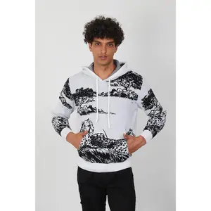 Men’s Knit Wildlife Hoodie – Monochrome Leopard Landscape Graphic Pullover for Fashion Forward Style