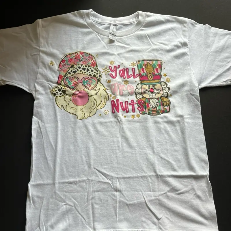 Large White Yall Are Nuts Nutcracker Christmas Tee Shirt for Women Festive Holiday Design