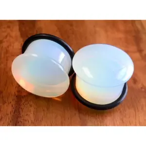PAIR of Single Flare Opalite Opalescent Stone Plugs with O-Rings - Gauges 4g (5mm) thru 5/8" (16mm)
