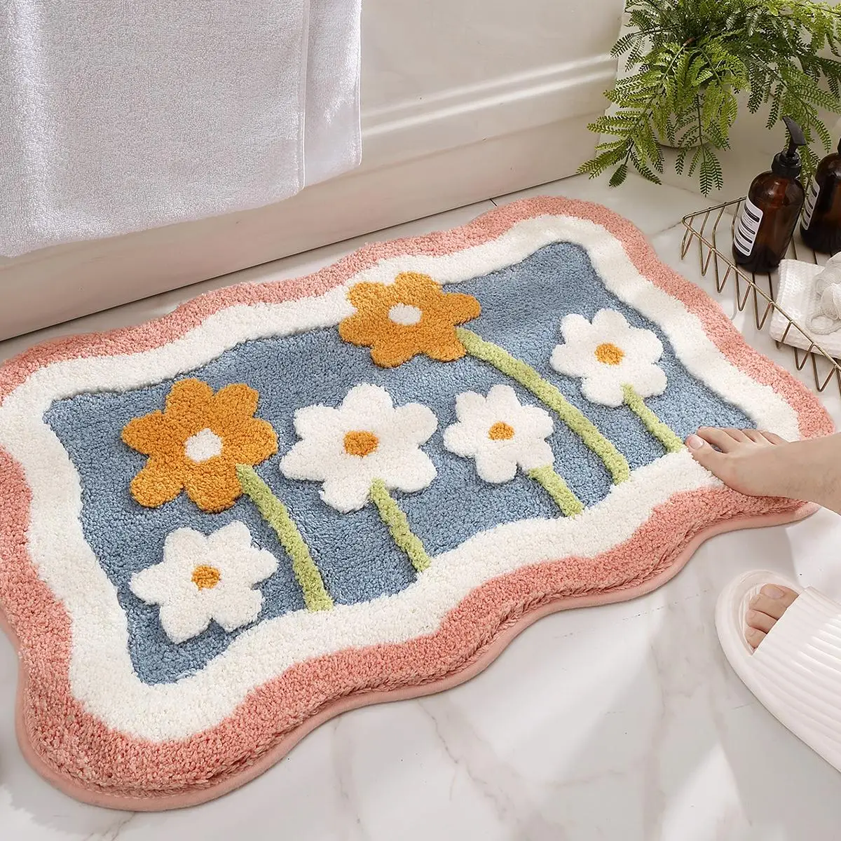 Floral Pattern Bath Mat, 1 Count Non-slip Soft Absorbent Bathroom Rug, Comfortable Bathroom Floor Mat, Indoor Rug For Home Decor