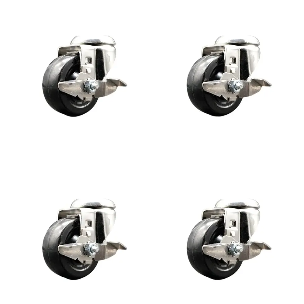 Lockable Wheels 3.5" Diameter 1-1/4" Wide Black Soft Rubber Swivel Bolt Hole Casters (SCC-SS316BH20S3514-SRS-TLB-4), 316 Stainless Steel, Chemical Resistant, Top Lock Brake, Cushioned Ride, 800 lbs Capacity, Equipment/Furniture Moving Wheels - Set of 4