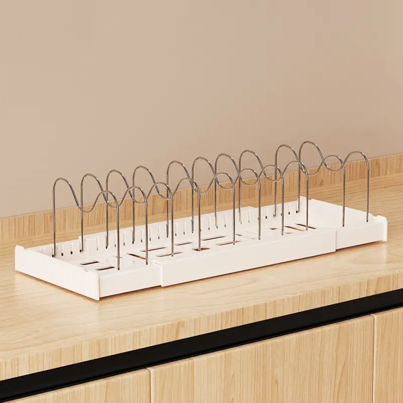 Expandable Dish Rack, Retractable Stainless Steel Plate Holder With Drain Tray, Adjustable Kitchen Cabinet Dish Organizer, Space Saving Countertop Pot Lid Pan Plate Storage Rack For Kitchen Cabinet & Counter Organization