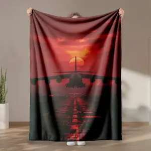 1 piece Large military transport aircraft sunset landing at the airport themed flannel blanket - Oversized comfortable flannel sofa blanket, suitable for beds and sofas, modern geometric pattern design, all-season use, digital printing, 100%