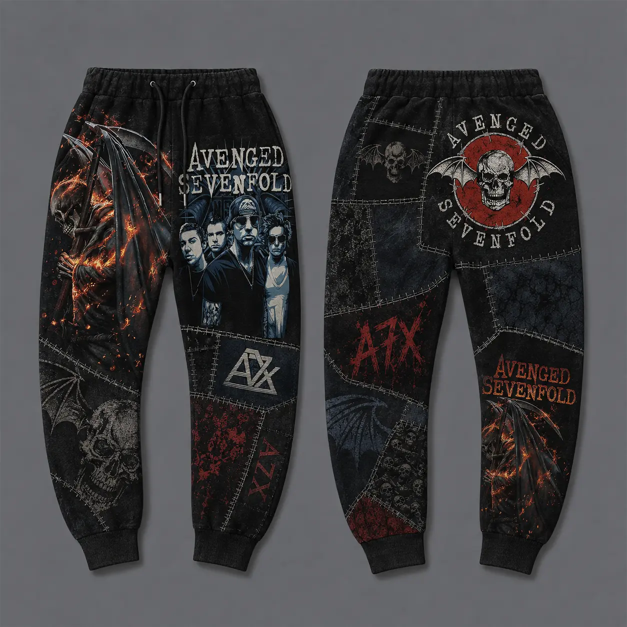 Avenged Sevenfold Sweatpants | A7X Heavy Metal Music Fan Apparel | Grunge Patchwork Joggers | Dark Gothic Graphic Pants | Cozy Concert Alternative Streetwear Gift for Rock Music Lovers