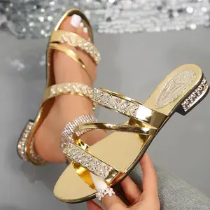 Women’s Rhinestone Open Toe Slide Sandals Lightweight Low Heel Summer Slippers
