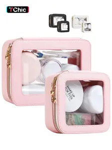 Leather Clear Makeup Bags Set - Travel Clear Cosmetic Bag Case with Zipper, vanity bag, Transparent TSA Approved Toiletry Bags, Makeup Organizer for Travel Essentials Car Accessories for Women