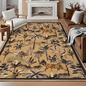Garvee Living Room Rug 8 ft x10 ft Tiger Rugs Tropical Jungle Plant Rugs Washable Rug Non Slip Non Shedding Throw Cover Low Pile Stain Resistant Carpet for Home Decor, Camel